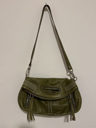 B. Makowsky Olive Green Fringed & Studded Leather Crossbody Bag Silver Gold