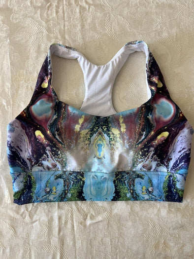 long line sports bra with fluid art design