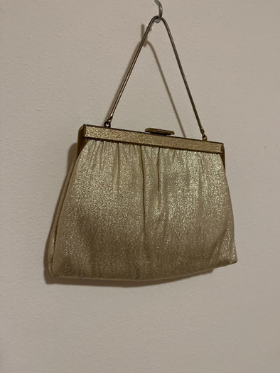 Vtg gold evening bag satin lined- clutch or chain handle- Ande