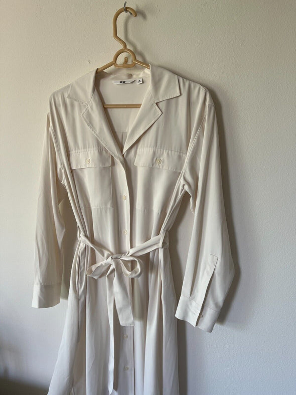 UNIQLO Womens Size M Off White Linen Blend 3/4 Sleeve Shirt Dress