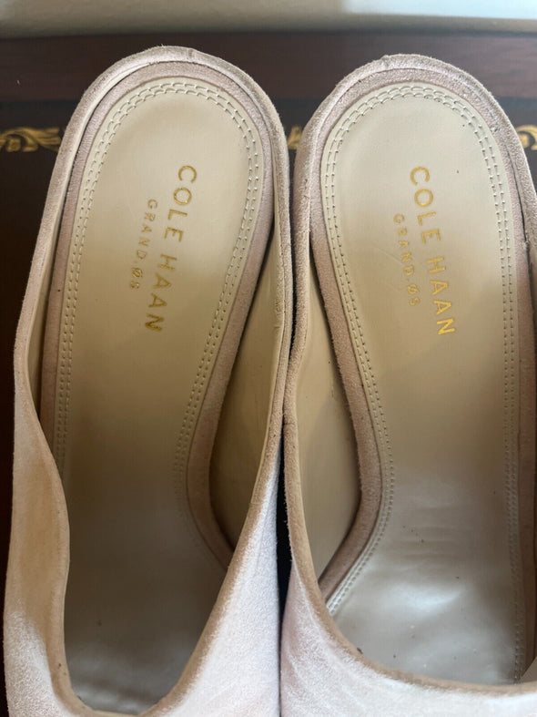 cole haan open toe suade mules 3 inch heel sz 8 peach/beige - Braden Fine Art