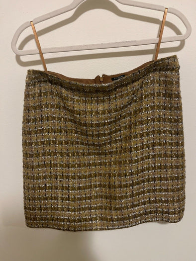 J Crew metalic mini skirt tan/silver tweed lined size 6 back zip - Braden Fine Art