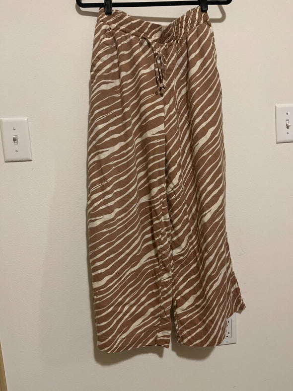 wide leg woven pants size S draw string waist cream and tan animal stripe