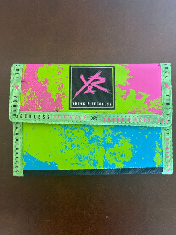 young and reckless trifold velcrow wallet, lime green black pink