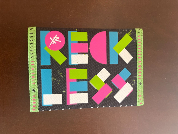 young and reckless trifold velcrow wallet, lime green black pink