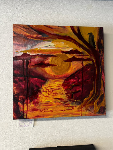 Fire moon rising, painted canvas print